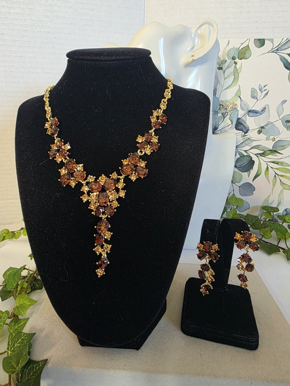 Vintage Gold Smoky Topaz Amber Crystal Y-Drop Necklace & Earrings Set